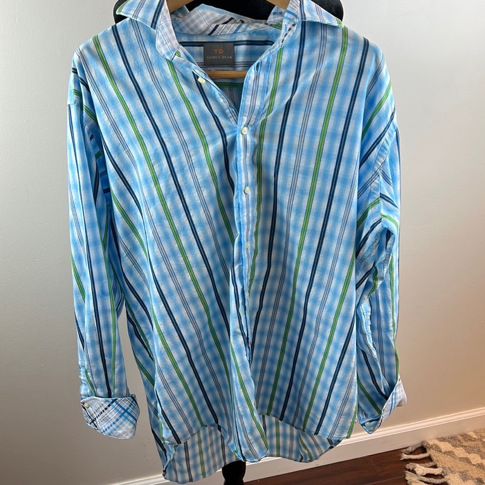 Men's Blue and Green Striped Shirt